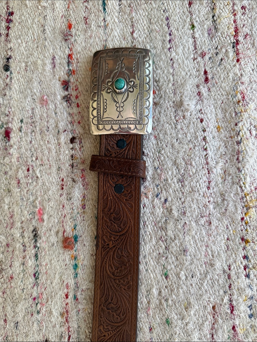 Tony Lama Brown Tooled Leather Belt with Turquoise-Accent Silver Buckle